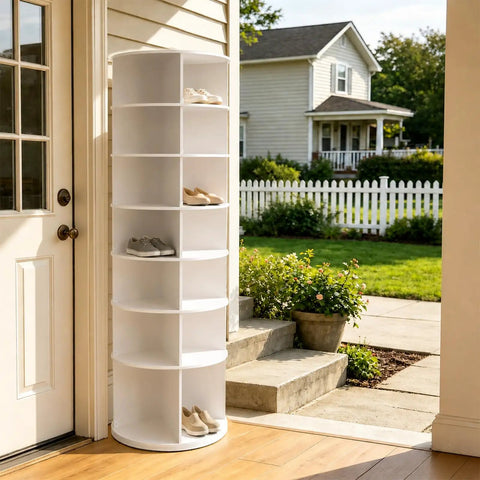 Dope Space-Saving 7-Tier Rotating Shoe Rack With Breezy Assembly And Anti-Tip Strap in an outdoor setting by a door