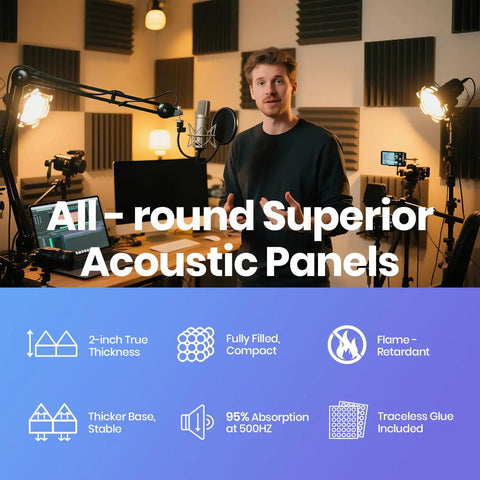 Dead Simple Setup Top Tier Grey Pyramid Acoustic Panels Twenty Four Pack With 120 Reusable Peel And Stick Squares For Zero Drama Wall Mount Noise Killing And Echo Busting Home Studio Upgrade in a recording studio.