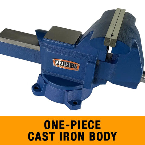 Workhorse Bench Vise With 6 Inch Jaw Opening And 3.5 Ton Clamping Force, Ductile Iron Construction, front angle view