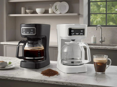 Sleek Black 12 Cup Programmable Drip Coffee Maker With Bold Brew Control Auto Timer showcasing coffee brewing on a kitchen counter.