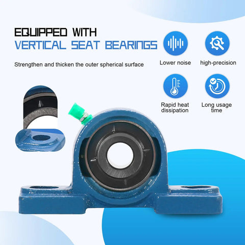 Heavy Duty Pillow Block Bearing Five Eighth Inch Bore Mounted With Cast Iron Base Self Aligning Chrome Bearings 2 Pack Built To Last Easy Install Durable No Fuss Mounting For Industrial Machinery on blue cast iron base, vertical seat bearing