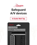 6 Outlet 2 USB Swivel Wall Tap Surge Protector With 2100 Joules packaging showing black power strip and USB ports.