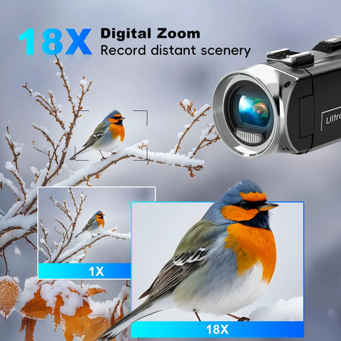 4K Video Camcorder For YouTube Vlogging, 36MP Photos, 18x Digital Zoom showcasing a close-up of a bird on a snow-covered branch