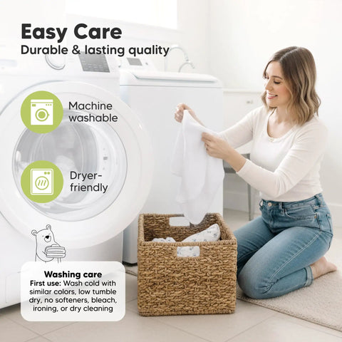 Woman demonstrating washing Organic Baby Swaddles 3 Pack for Newborns and Infants 3 to 6 Months Nordic Style Cozy Ergonomic
