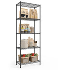 Five Tier Metal Wire Storage Shelf Unit With Adjustable Shelves For Garage Kitchen Pantry And Living Areas Ink Black Finish 11.8 Inch Deep 23.6 Inch Wide 63.4 Inch High Sturdy Durable And Easy Assembly, black wire rack with pantry items