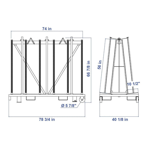 Rock Solid Heavy Duty Stone Slab Transport Frame 79 Inch Double Sided A Frame Slab Rack dimensions with labeled measurements.