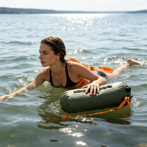 Woman using Do It All 3 In 1 Inflatable Water Weight Bag for Camping, Swim Float and Tent Anchor, Portable Water Storage Bag, 10L Green