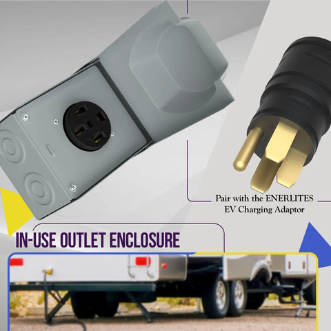 Lockable Weatherproof NEMA 14 50R Outdoor RV Power Outlet Box For RVs Campers EVs And Generators, showing outlet and plug
