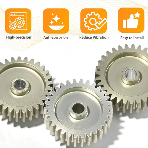 0.6 Mod RC Pinion Gear Set 29T 30T 31T in 7075 Aluminum with 3.175mm Bore for 540/550 Motors, shown with icons