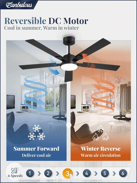 Modern 52 Inch Smart Ceiling Fan Provides Super Chill Airflow And Bright Dimmable Led Lighting with reversible DC motor and airflow modes.