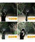 JUDYSSY Split 2Head Solar Led Light Outdoor Super Bright Solar Spotlight shown in 100W, 300W, 500W, and 800W power settings.