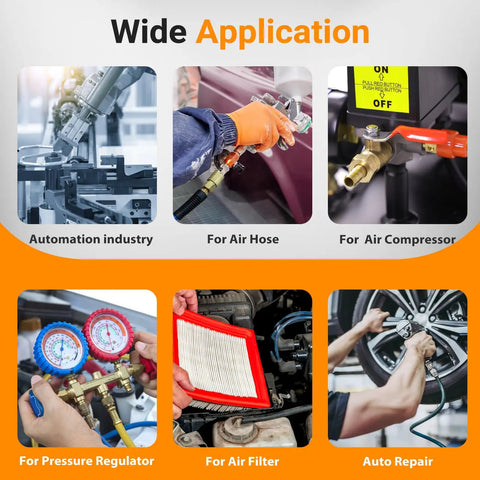 Wide application of Brass Quick Connect Hose Fittings Set For Air Compressors in automation, air hose, compressor, and auto repair