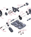 Exploded view of Carbon Fiber LCG Chassis Kit For 1x10 RC Crawler SCX10 SCX10 II Capra 1.9 UTB And Other DIY Builds With Beefed Up Front Mounted Transmission And Lightweight Strength Upgrade parts.