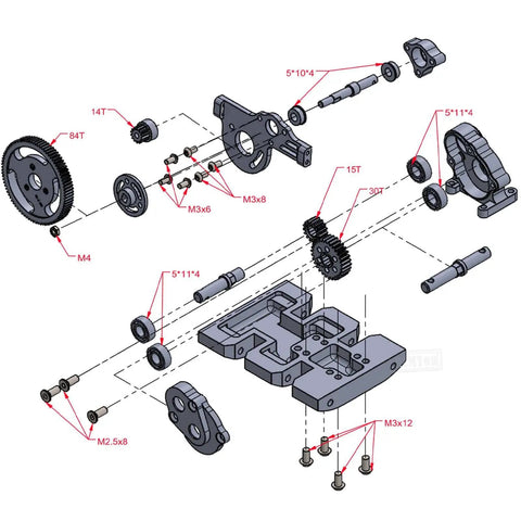 Exploded view of Carbon Fiber LCG Chassis Kit For 1x10 RC Crawler SCX10 SCX10 II Capra 1.9 UTB And Other DIY Builds With Beefed Up Front Mounted Transmission And Lightweight Strength Upgrade parts.