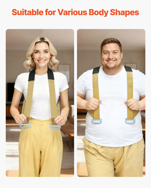 Heavy Duty Two Person Moving Straps With Adjustable Shoulder Harness and Beefy Steel Buckles displayed on a woman and a man.