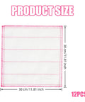 Product size diagram of a 12 Piece 8 Layer Cotton Gauze Cleaning Cloth, 30x30 cm with pink stitching, for multipurpose use.
