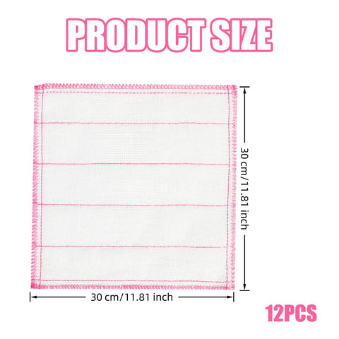 Product size diagram of a 12 Piece 8 Layer Cotton Gauze Cleaning Cloth, 30x30 cm with pink stitching, for multipurpose use.