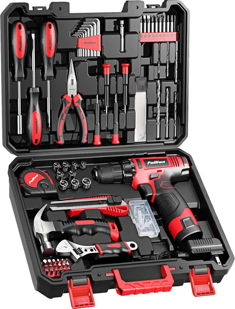 149 Piece Home Drill Set With 12V Red Cordless Drill LED Light 21 Plus 1 Torque Settings 19Nm Lightweight Ergonomic Handy Tool Kit In A Durable Toolbox