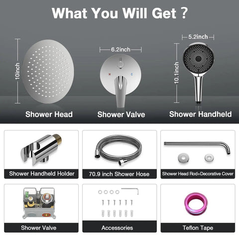Rainfall Shower System With 10 Inch Handheld, 3 Modes, Pressure Balance Valve, Full Shower Head Kit components diagram