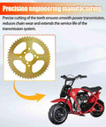 Image of a 50T high speed rear 3 hole sprocket for mini bikes with a red Coleman mini bike, demonstrating drivetrain compatibility.
