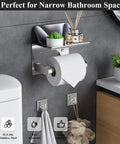 Stainless Steel Toilet Paper Holder with Built In Phone Shelf and Towel Hooks, polished chrome, mounted on bathroom wall