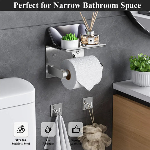 Stainless Steel Toilet Paper Holder with Built In Phone Shelf and Towel Hooks, polished chrome, mounted on bathroom wall