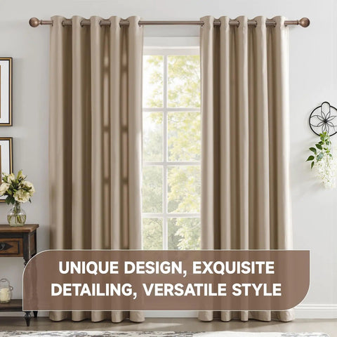 Walnut Wood Grain Curtain Rod Set Go-To Heavy Duty Iron Rods With 1 Inch Diameter Adjustable 28 To 48 Inch Imitation Wood Finish Finials Decorative Window Rod Set For Vintage Home Decor And Everyday Use showcasing elegant curtains.