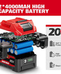 Badass 20 Volt Brushless Impact Gun Snaps Rusty Nuts Off With Nine Hundred Ft Lbs Of Beast Mode Torque And Twin Four Amp Hour Battery Packs For Daily Drivers And Trailers. Image of 20V dual 4000mAh battery with cell protection features.