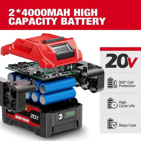 Badass 20 Volt Brushless Impact Gun Snaps Rusty Nuts Off With Nine Hundred Ft Lbs Of Beast Mode Torque And Twin Four Amp Hour Battery Packs For Daily Drivers And Trailers. Image of 20V dual 4000mAh battery with cell protection features.