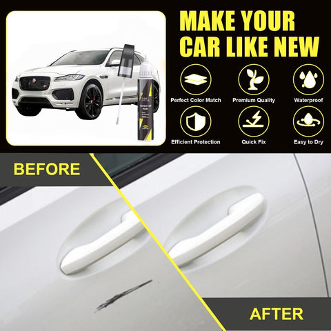 Before and after car door showing scratch repair using Jaguar Santorini Black Ultimate Black 2 In 1 Touch Up Paint Kit With Pen Tip And Brush