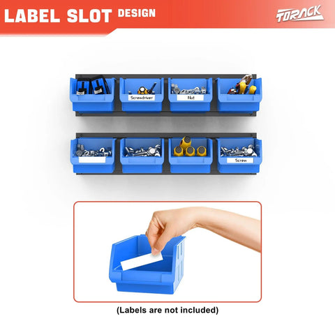 Wall Mounted Tool Organizer Bins With 8 Plastic Bins And 2 Metal Tracks For Garage And Craft Room Storage Visual Labels For Nuts Bolts Screws Easy Access And Neat Workspace In A Busy Shop Blue.