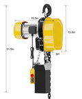 Heavy Duty 1 Ton Electric Chain Hoist, 2200 LBS Beast Mode Lifter with dimensions, wireless remote, and black pendant.