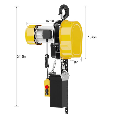 Heavy Duty 1 Ton Electric Chain Hoist, 2200 LBS Beast Mode Lifter with dimensions, wireless remote, and black pendant.
