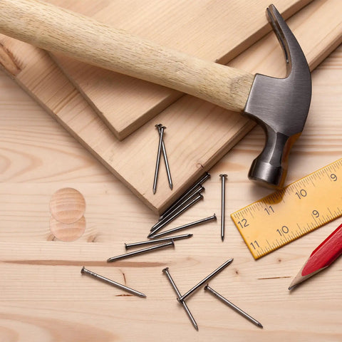 Wooden Screw Hole Plugs For Furniture Easy Install No Fuss Decorative Covers next to hammer and nails on wooden surface