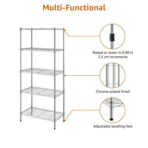 Heavy Duty Five Shelf Adjustable Storage Shelving Rack For Garage And Workshop Featuring A Rugged Steel Wire Base That Handles Two Hundred Pounds Per Tier In Slick Chrome Finish With Dog Gone Strong Build Quality That Truly Gets The Job Done