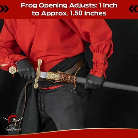 Person wearing Genuine Leather Dagger Holster with Adjustable Lace-Up Closure, medieval sword frog belt attachment, holding decorative sword.
