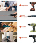 Different drills used with Six Inch Long Torx Bit Set T7 To T40 Magnetic Security Tamper Proof Star Bits with one quarter inch hex shank