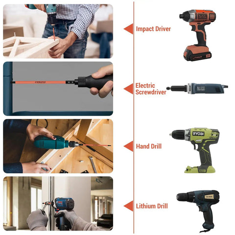 Different drills used with Six Inch Long Torx Bit Set T7 To T40 Magnetic Security Tamper Proof Star Bits with one quarter inch hex shank