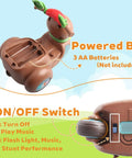 360 Degree Rotating Stunt Trike Toy Car With Music And Lights, Super Cool Electric Toy Motorcycle For Kids, Interactive Musical Toy For Toddlers, Kid Friendly Durable Safe Entertainment Gift For Christmas And Birthday. Bottom view showing 3 AA battery compartment and on/off switch.