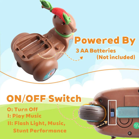 360 Degree Rotating Stunt Trike Toy Car With Music And Lights, Super Cool Electric Toy Motorcycle For Kids, Interactive Musical Toy For Toddlers, Kid Friendly Durable Safe Entertainment Gift For Christmas And Birthday. Bottom view showing 3 AA battery compartment and on/off switch.