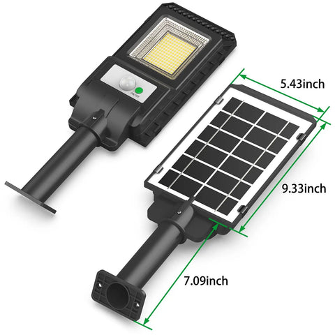 Dual view of Solar Powered Motion Sensor Flood Light 1000LM 156 LEDs Waterproof Outdoor Security Lighting with dimensions