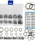 100 Piece 8 To 18mm Stainless Steel Shaft Bearing Retaining Clips Snap Rings C Type External Circlips Washers Set For Machinery Automotive DIY Projects Durable Corrosion Resistant High Temperature Tolerance in box