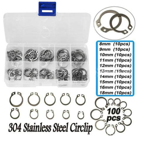 100 Piece 8 To 18mm Stainless Steel Shaft Bearing Retaining Clips Snap Rings C Type External Circlips Washers Set For Machinery Automotive DIY Projects Durable Corrosion Resistant High Temperature Tolerance in box