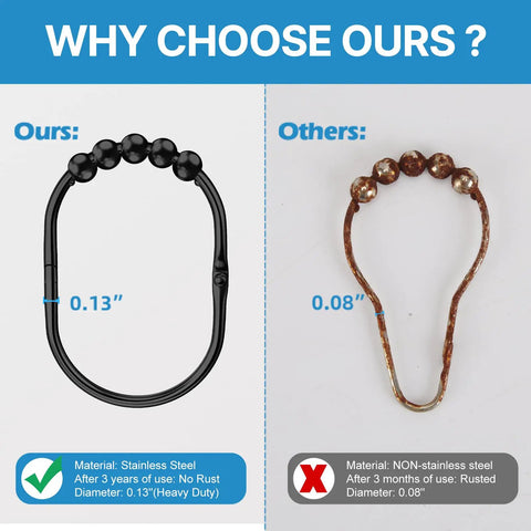 Comparison of 12 Pack Wide Shower Curtain Hooks, Rustproof Stainless Steel Heavy Duty Curtain Rings With Smooth Glide Rollers versus rusted hooks.