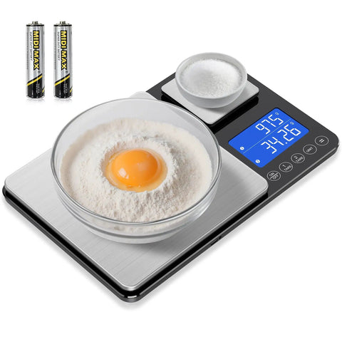 Two Platform Kitchen Scale With Ultra Precise 0.01g/0.001oz Readouts, 33lb Big Scale And 1.1lb Mini Scale, with bowl and sugar