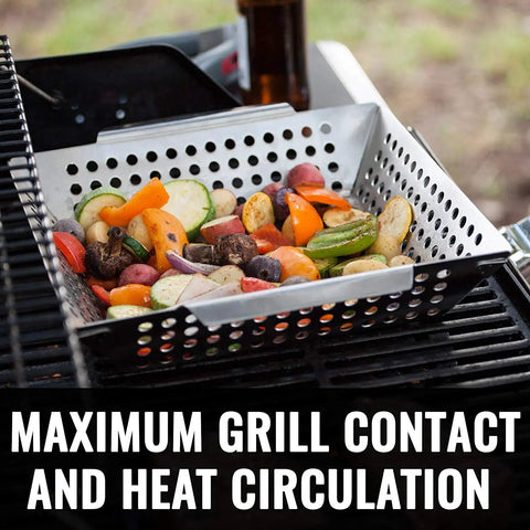 Premium Stainless Steel Grill Basket For Outdoor Grilling Extra Large Family Size filled with veggies on a barbecue grill.
