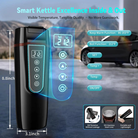 Road Trip Ready Travel Car Kettle With 12V And 24V Power displayed with LCD screen, 304 stainless steel, and temperature settings.
