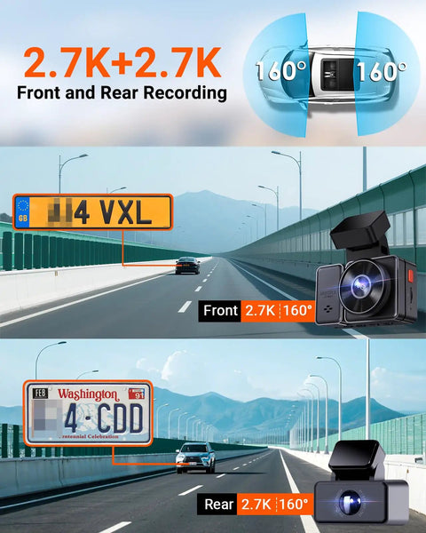 Dual Front And Rear Dash Cam With 2.7K Plus 2.7K Recording, STARVIS Sensors showcasing front and rear camera recording angles
