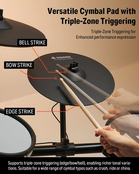 13 Inch Triple Zone Electronic Cymbal Crash Ride With Instant Mute Choke showing bow, edge, bell strike zones for digital drums.