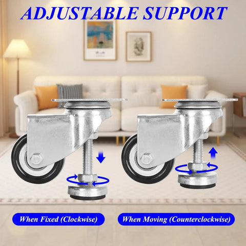 2 Inch Leveling Plate Caster Wheels Set Of 4 With Adjustable Foot Pads Up To 520 Lbs Heavy Duty Industrial Casters Silent Swivel Zinc Plated Metal Rubber Wheels And Steel Brakes For Workbenches Furniture Carts And Transportation